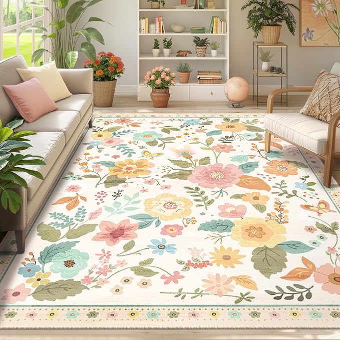 Floral 6x9 Area Rug Machine Washable Soft Print Boho Carpet Non Slip Doormat Low Pile Flower Area Rugs for Living Room Bedroom Nursery Kitchen Dining Room Indoor-Beige/White/Orange