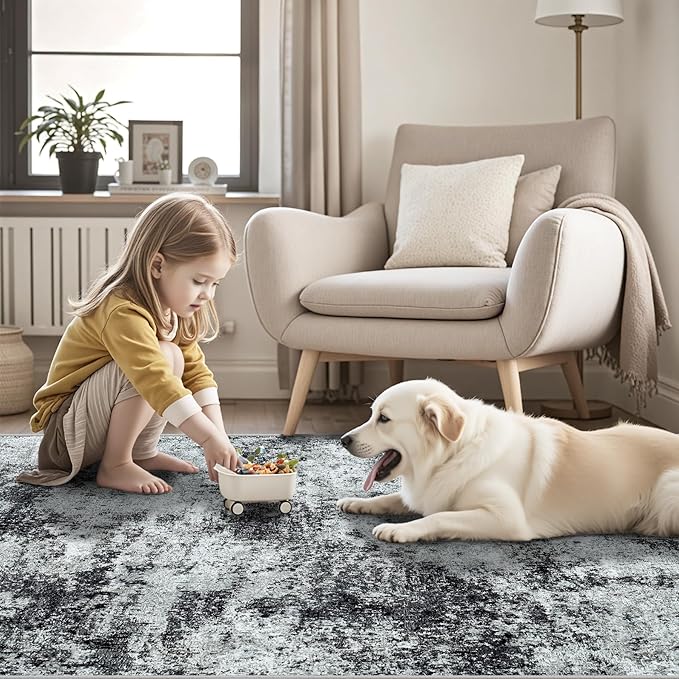 Washable Rug 6x9 Area Rugs: Abstract Washable Rugs with Non-Slip Backing, Stain Resistant Indoor Floor Carpet for Bedroom Dining Room Table Nursery Hallway Home Office Dark Black/Gray