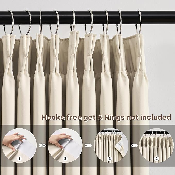 KEQIAOSUOCAI Pleat Patio Sliding Door Curtains 100 Wide x 90 Long Cream Beige Drapes 2 Panels Room Divider Curtain,Wide Width Thermal Insulated Room Darkening Window Treatment for Living Room