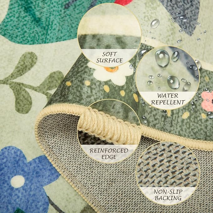 Floral 6x9 Area Rug Machine Washable Soft Print Boho Carpet Non Slip Doormat Low Pile Flower Area Rugs for Living Room Bedroom Nursery Kitchen Dining Room Indoor-Light Green