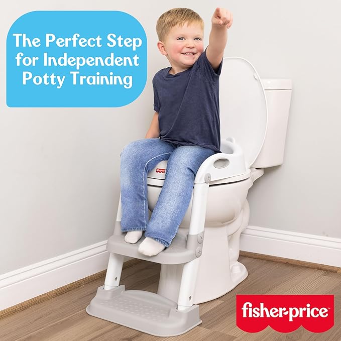 Fisher-Price™ Potty Training Seat with Step Stool Ladder, 2-in-1 Potty Training Toilet for Toddlers with Splash Guard, Anti-Slip Pads, Cushioned Seat (Gray)