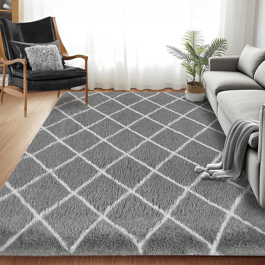 Fluffy Rug for Bedroom, Stripe Checkered Rug Anti-Skid High Pile for Living Room Bedroom Kids Room Nursery, Dorm Home Decor