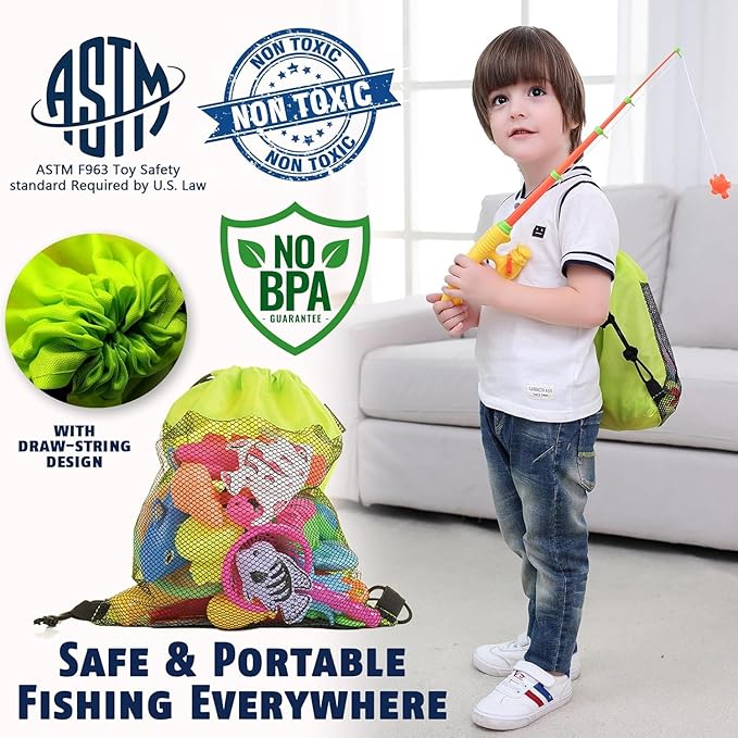CozyBomB™ Magnetic Fishing Toys Game Set for Kids | Water Table Bathtub Kiddie Pool Party & Pole Rod Net, Plastic Floating Fish Toddler Color Ocean Sea Animals Birthday Age 3 4 5 6 Year