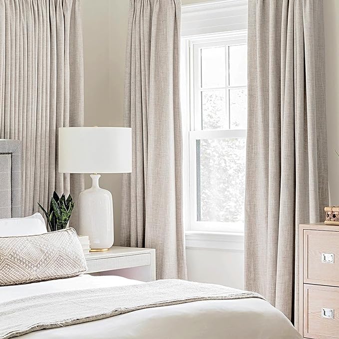 MIULEE 100% Blackout Linen Textured Curtains for Bedroom Solid Thermal Insulated Ivory Grommet Room Darkening Curtains & Drapes Luxury Decor for Living Room Nursery 52 x 90 Inch (2 Panels)