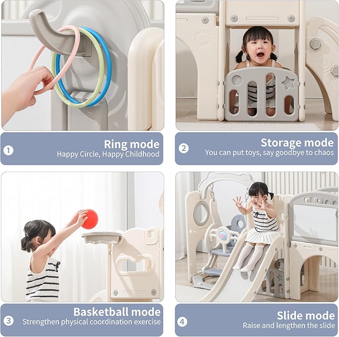 12 in 1 Toddler Outdoor Playset with Swing, Indoor Swing and Slide Set Playground for Toddlers 1-3, Durable Climber Basketball Hoop Ball Toddler Indoor Playset for Home Playground-White Grey