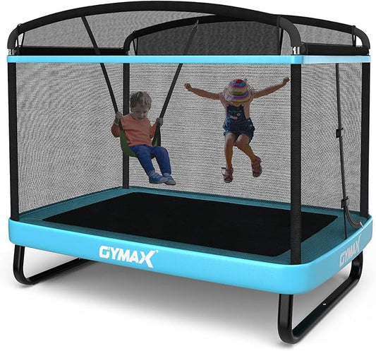 GYMAX Trampoline for Kids, 6FT Toddler Trampoline with Swing & Enclosure Safety Net, ASTM Approved Rectangle Recreational Trampoline for Indoor/Outdoor, Birthday for Baby Boys & Girls