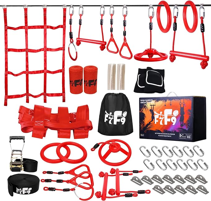 Ninja Warrior Obstacle Course for Kids Backyard with A Pair of Knee Pads, 60’ Ninja Slackline and Slackline Protective Tube with Unique Obstacles Climbing Net, Ninja Wheel, Monkey Bars, Gym Rings