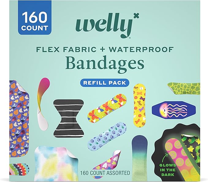 Welly Bandage Large Refill Pack | Adhesive Flexible Fabric, Glow-in-The-Dark & Waterproof Bandages | Assorted Shapes and Patterns for Minor Cuts, Scrapes, and Wounds - 160 Count