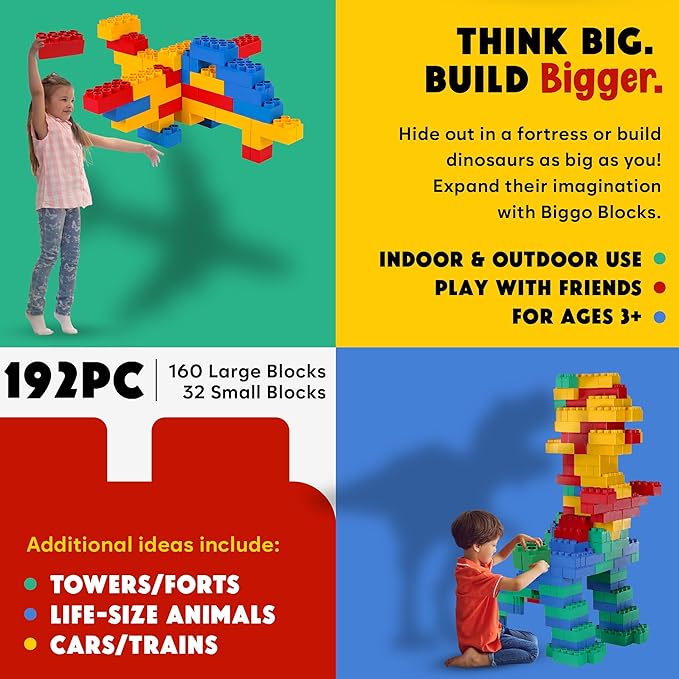 Big Blocks for Kids Ages 4-8 — Indoor & Outdoor Blocks for Kids Games — Large Building Blocks (192 pc) Jumbo Set