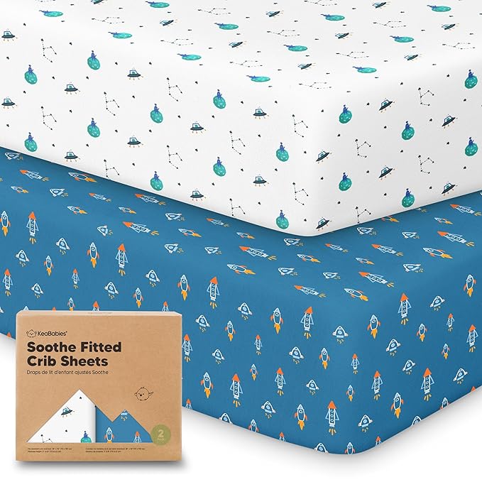 KeaBabies 2-Pack Organic Crib Sheets for Boys, Girls - 52x28 Fitted Crib Mattress Sheet Neutral, Breathable Jersey Cotton Cover for Baby Bed, Toddler Mattress, Soft & Cute Prints (Space Quest)