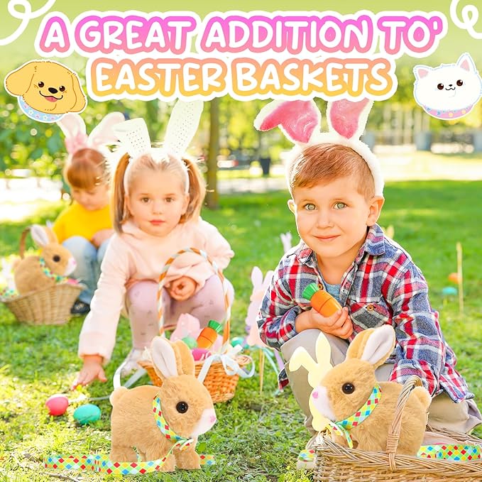 Tagitary Plush Toys Bunny Electronic Toy with Sounds,Wiggling Ears,Hopping,Twitching Mouth and Nose, Interactive Rabbit Toy for Kids with Leash,Easter Birthday Gift for Toddlers Kids