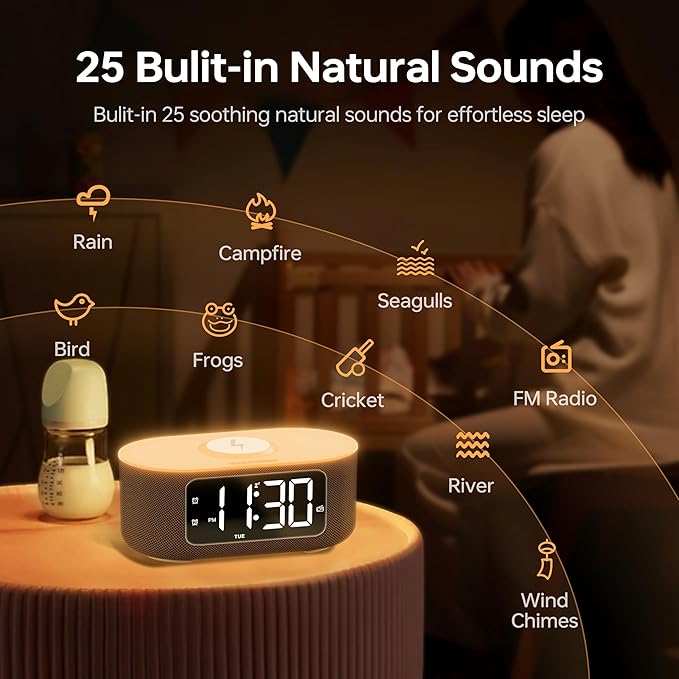 JALL Fabric Alarm Clock for Bedroom, with Big Led Screen Display, Bluetooth Stereo Sound Speaker, FM Radio, Fast Wireless Charging, USB Charging Port, Nightlight, White Noise, Ideal for Gift, Black