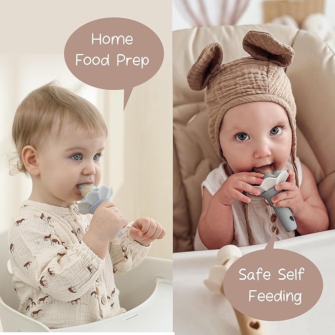 Moonkie Baby Fruit Feeder with Freezer Tray, BPA Free Silicone Food Feeder for Infant Self Feeding, Breastmilk Popsicle Molds, Mesh Feeder with Two Pouches, Baby Shower Gifts 4 Months+, 2 Pack