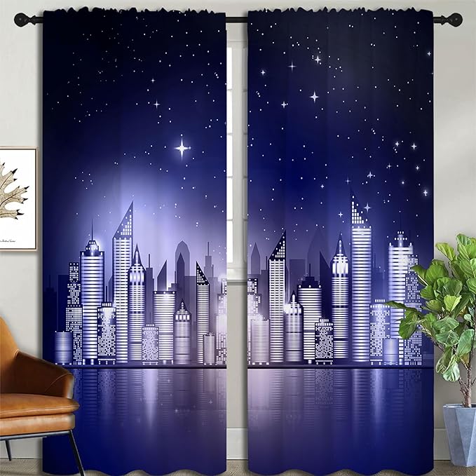 City Rod Pocket Blackout Curtains for Boy Girl Bedroom, New York Skyline Modern City Starry Sky Night View Thermal Insulated Home Window Drapes for Living Room Darkening, 84x72 inch
