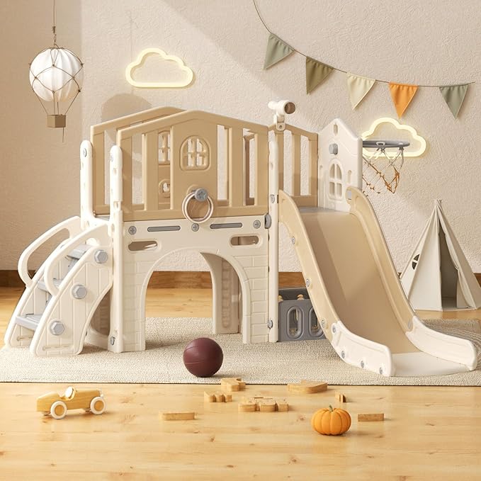 YUFU 8 in 1 Toddler Slide Set, Kids Slide for Toddlers Age 1-3, Toddler Playset with Climber, Basketball Hoop and Ball, Outdoor Indoor Playground for Toddlers 1-3 (Beige+Coffee)