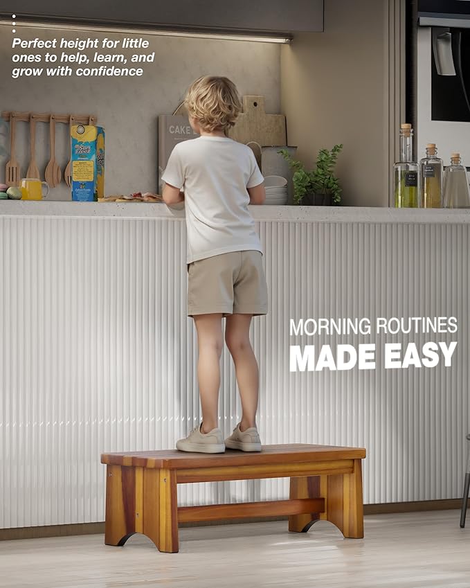 Extra Wide 26in Wooden Step Stool, Heavy Duty One Step Stool for Adults and Seniors, Holds Up to 550 lbs, Reinforced Cross Bar, Non-Skid Surface, Multipurpose Use for Kitchen, Bathroom, Bedroom