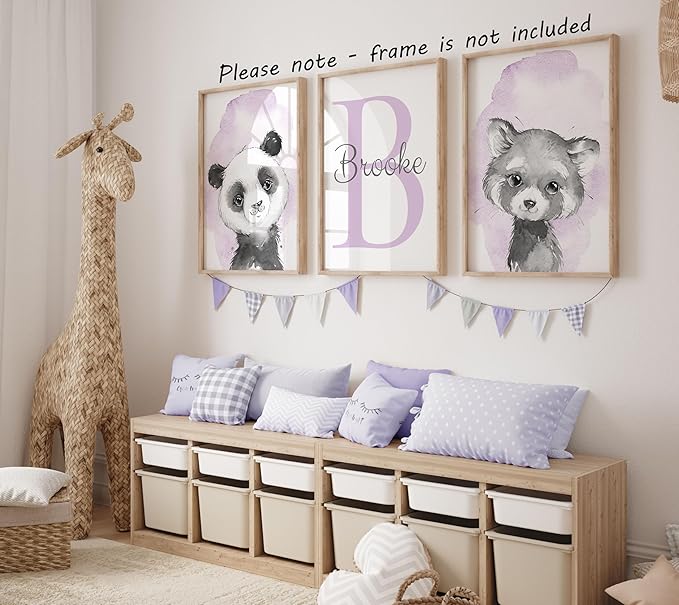 Safari Animals Set of 3 Unframed Poster Prints for Baby Girls Nursery Bedroom Playroom, Personalized Name, Choice of 12 Animals, Pink Purple (11x14)