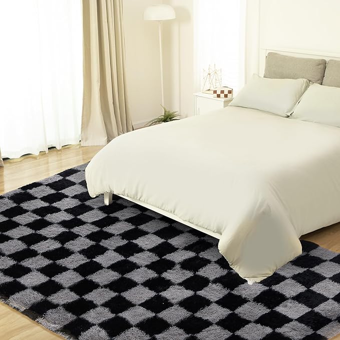 Super Soft Rug for Bedroom, 3x5 Ft Grey and Black Area Rug Classic Checkered Shaggy Rug Anti-Skid High Pile Soft Fluffy Fuzzy Carpet for Living Room Bedroom Kids Room Nursery, Dorm Home Decor