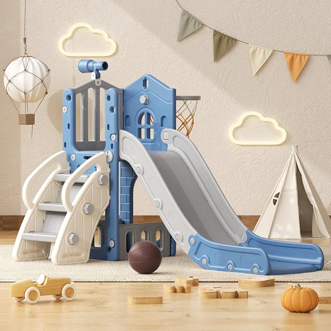 YUFU 5 in 1 Toddler Slide, Kids Slide with Climber, Basketball Hoop and Ball, Outdoor Indoor Playset for Toddlers Age 1-3 (Blue+Gray)