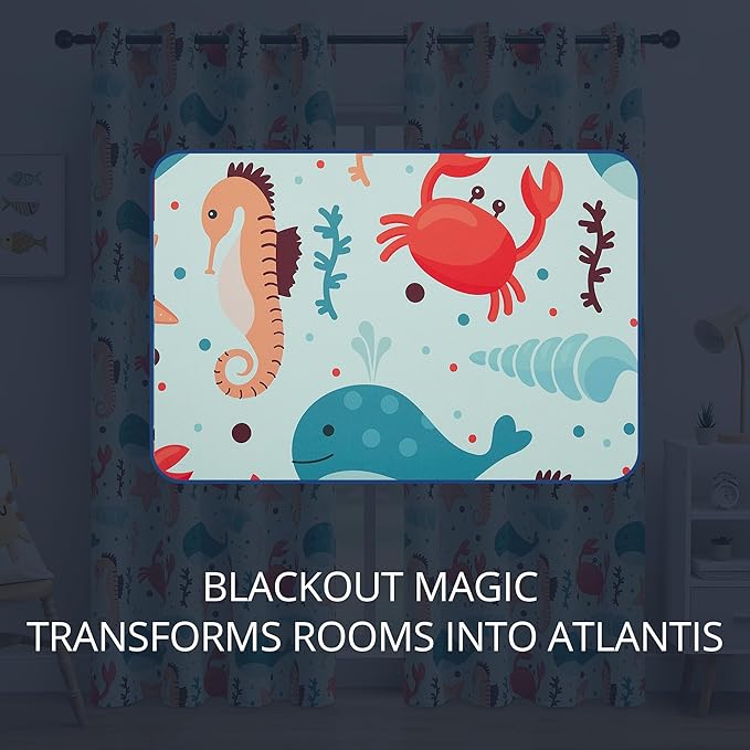 Kids Blackout Curtains - Ocean Whale Design, 100% Blackout, 2 Panels, Each W52×L84, Thermal Insulated for Bedroom, Noise Reducing, Excellent Colorfastness, Dive into an Underwater Adventure