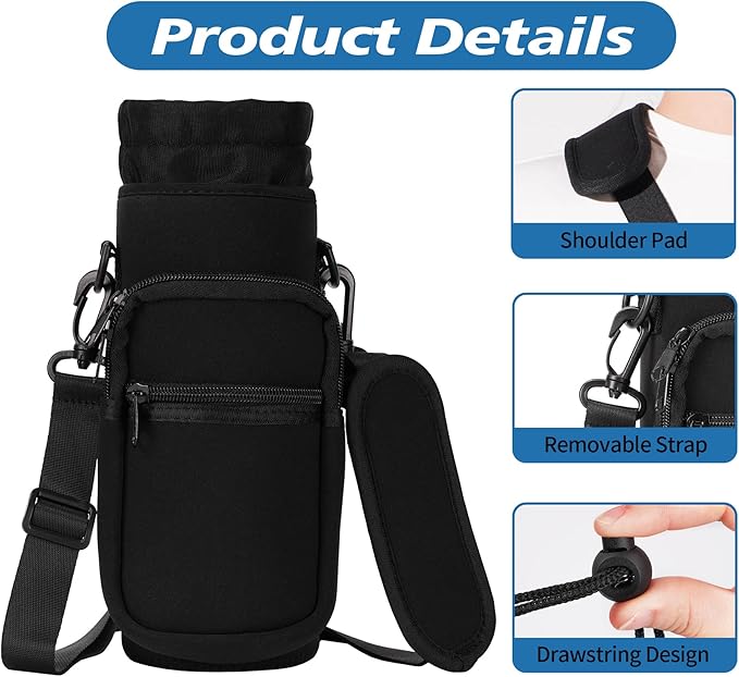 32 40 oz Water Bottle Carrier with Strap, Neoprene Water Bottle Sleeve Bag with 2 Pockets Insulated Flask Sling Holder for Walking Hiking Gym