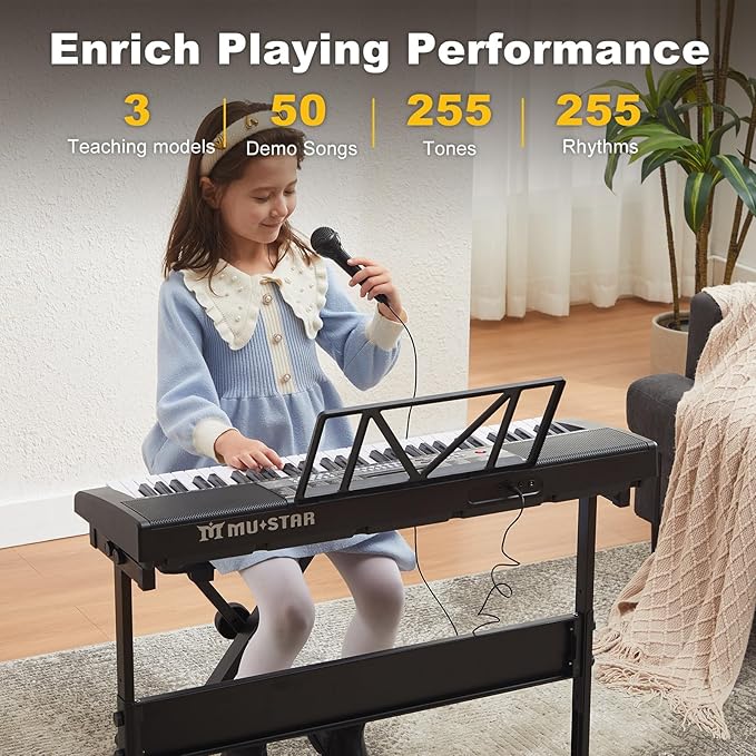 61 Key Piano Keyboard, Electric Keyboard Piano with Light-Up Keys, 255 Tones/Rhythms, Smart Learning System, Headphone, Microphone, Keyboard Stand, Stool, Stickers, Piano Keyboard Set for Beginners