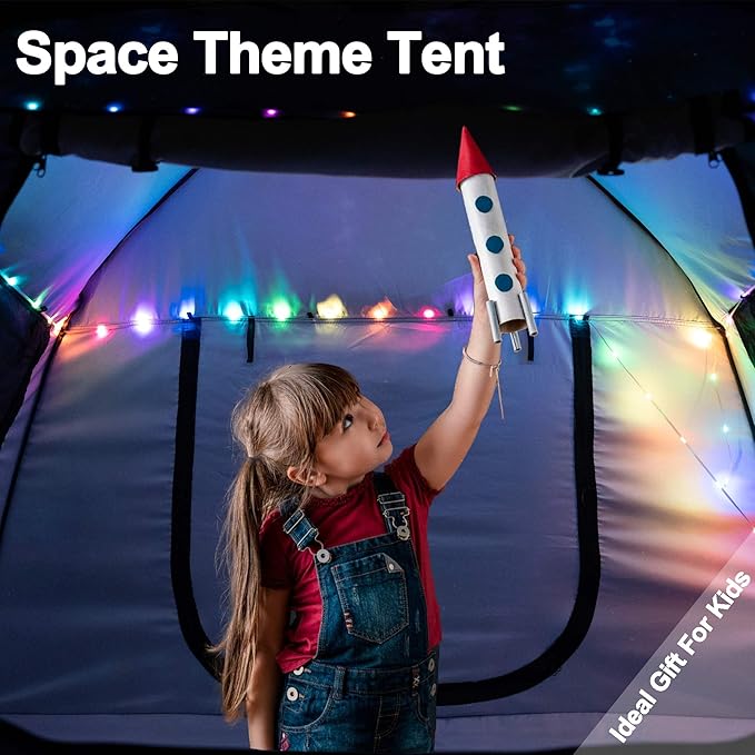 Portable Hexagon Kids Play Tent with LED Strip Lights Indoor Children Play House Easy Set-up Space Dream Tent for Night.4-5 Person Large Tents & Birthday Gifts