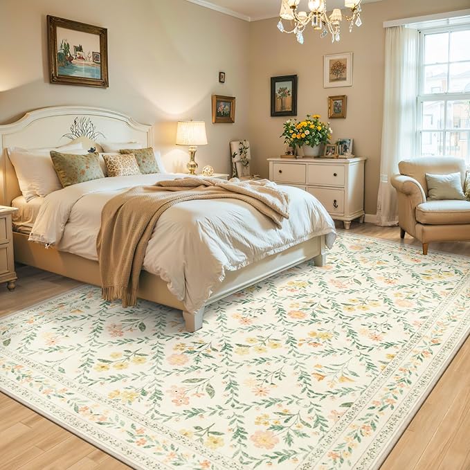 10x14 Area Rugs for Living Room: Floral Washable Rug Vintage Large Soft Boho Non-Slip Carpet Stain Resistant Low Pile Carpets for Bedroom Dining Room Farmhouse Nursery Hallway Home Office Beige/Multi