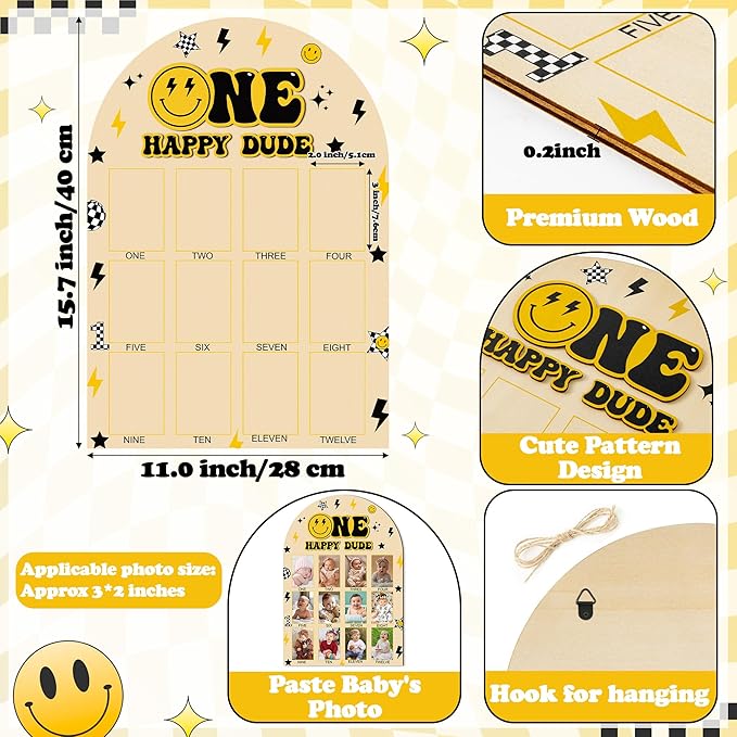 R HORSE My First Year Photo Frame Board, 3D One Happy Dude Birthday Decoration Display Wood Board, Baby Boy First Year Picture Frame 12 Months Milestone 1st Birthday Nursery Decor Gift