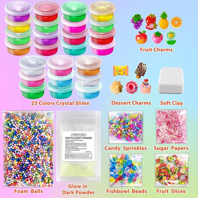 YOPINSAND 25 Cups DIY Slime Kit, Slime Making Kit for Girls, Crystal Clear Slime, Glow in The Dark Slime with Add-ins, Foam Balls, Charms, Slime Party Favors Gift Toys for Kids 3-12