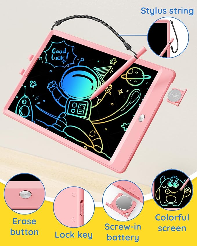 TEKFUN LCD Writing Tablet Doodle Board, 10inch Colorful Drawing Pad for Kids, Mess Free Coloring for Toddlers, Toys Gifts for 3 4 5 6 7 8 Year Old Girls Boys (Pink)