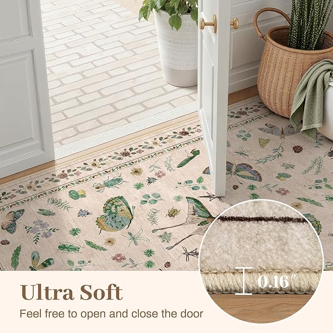 4ft Washable Round Rug - Bug Rugs for Living Room Non-Slip Low Pile Soft Ultra-Thin Machine Washable Circle Carpet for Bedroom, Entryway, Nursery, Kitchen, Home Office (4' Round Beige)