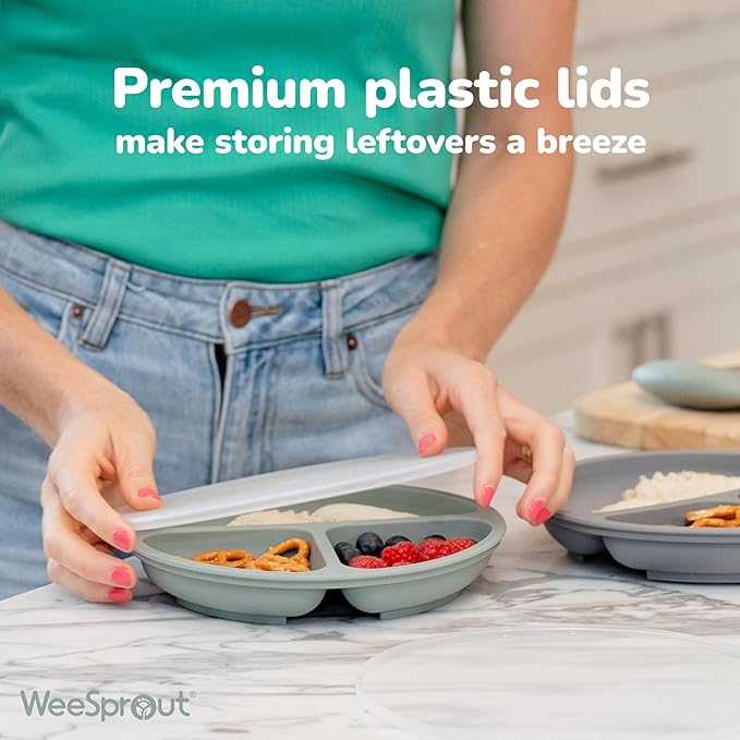 WeeSprout Silicone Divided Plates (With Lids), 100% Food Grade Silicone Divided Plates for Toddlers & Kids, Dishwasher & Microwave Safe