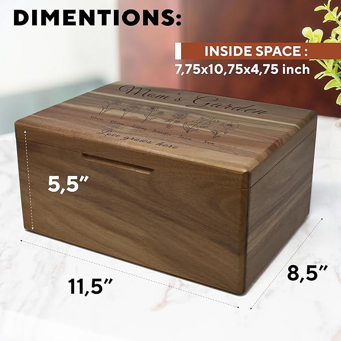 Mother's Garden Mom Day Gift - Personalized Gift for Mom, Custom Grammie Garden Gifts Birth Flowers, Wooden Storage Box with Hinged Lid, Mother's Day Gifts, Unique Christmas Gifts, 11.5x8.5x5.5 in