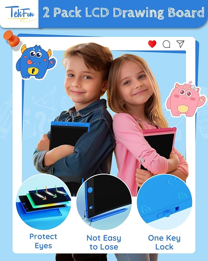 TEKFUN 2 Pack LCD Writing Tablet with Stylus, 8.5in Erasable Doodle Board Mess Free Drawing Pad for Kids, Car Trip Educational Toys Birthday Christmas Gift for 3 4 5 6 7 Girls Boys (2*Blue)