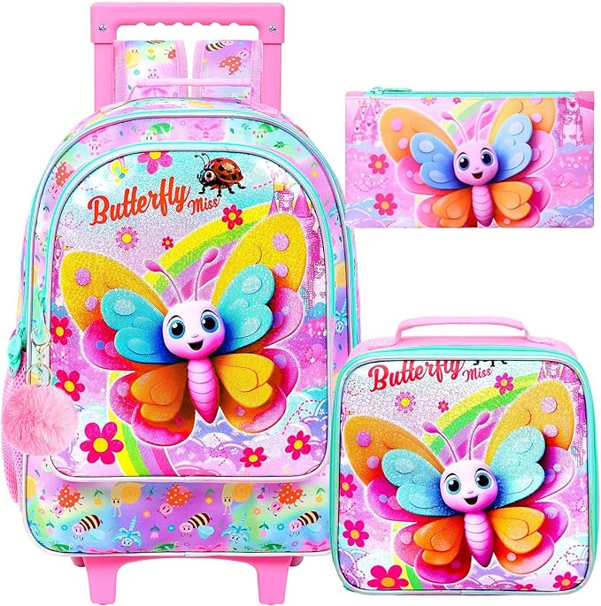 gxtvo Girls Rolling Backpack, Cute Butterfly Roller Wheels Kids Bookbag - Wheeled Elementary School Bag - 3PCS Butterfly