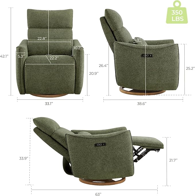 CHITA Swivel Rocker Recliner Chair, Power Nursery Glider Recliner, Nursery Rocking Chair with Adjustable Power Headrest, FSC Certified, Solid Wood Base, Moss Green