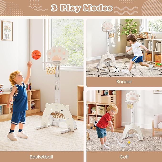 Costzon 3 in 1 Toddler Basketball Hoop, Height Adjustable Kids Sports Center w/Foldable Basketball, Soccer & Golf Game, Indoor Outdoor Activity Playset w/Foldable Rim, Gift for Children Baby Infant