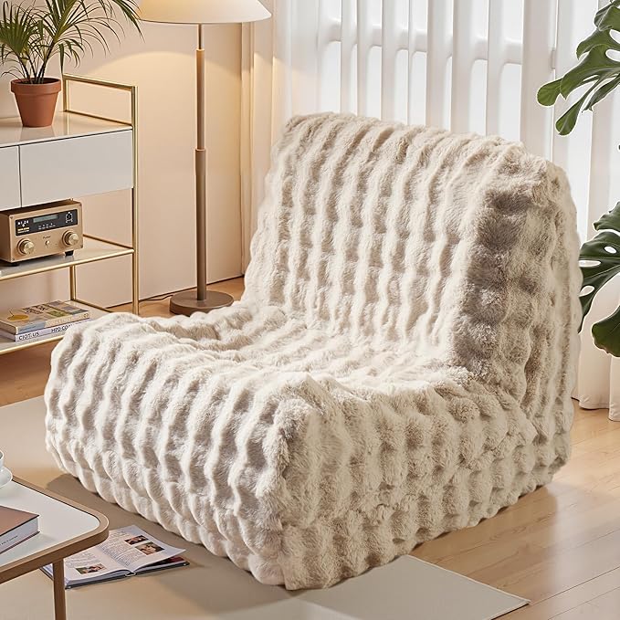 Modern Bean Bag Chair, Large Bean Bag Couch for Adults with Memory Foam Filled, Soft Faux Bunny Fur Lazy Chair for Living Room Bedroom Dorm Apartment, No Assembly Required, Beige
