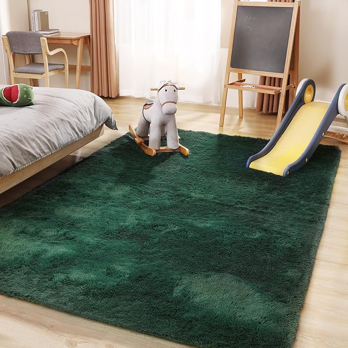 Ultra Soft 9x12 Green Area Rug, Fluffy Plush Rugs for Living Room, Non-Slip Indoor Carpet for Bedroom, Nursery, Study Room, Kids Room, Room Decor