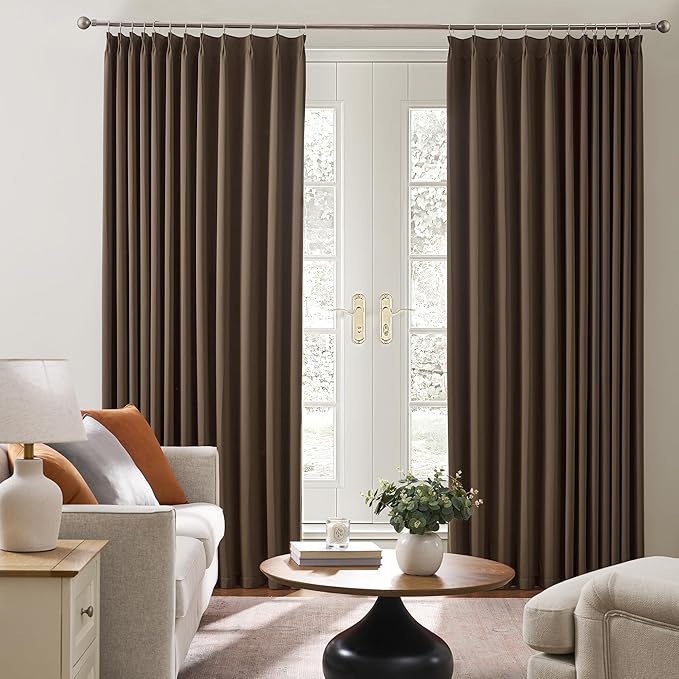 KEQIAOSUOCAI Brown Blackout Curtains 96 Inches Long,Soft Polyester Faux Silk Floor Length Pinch Pleats Panels Drapery for Bedroom, Living Room, Office, Hotel, 40" W x 96" L, Set of 2, Dark Chocolate