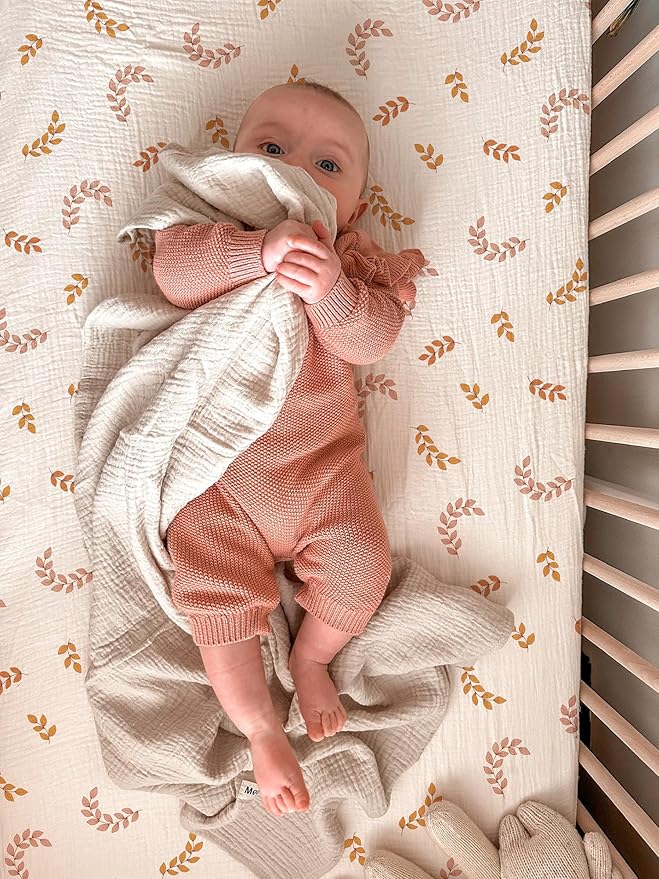 Bassinet Sheet for Baby Boy and Girl, Fitted Sheets for Rectangle, Oval, Hourglass Bassinet Mattress, Muslin Moses Basket Sheets with Neutral Style (Leaf)