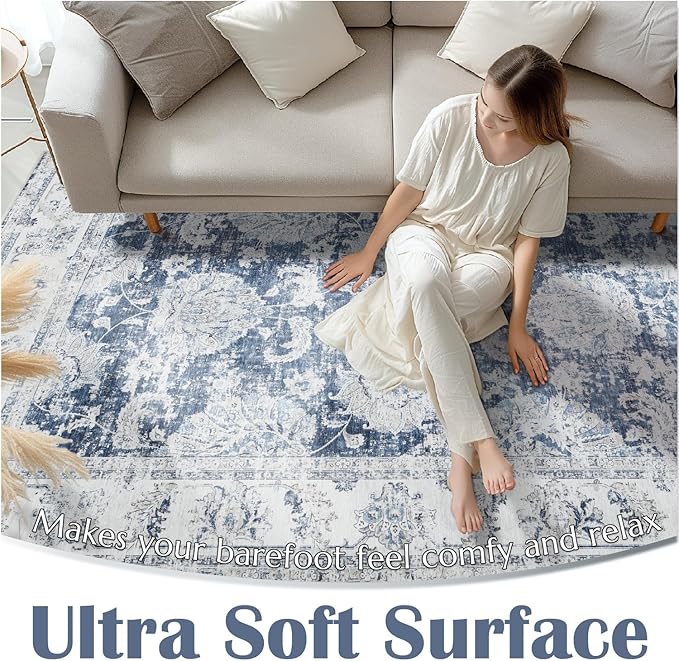 jinchan Runner Rug 2x6 Washable Hallway Runner - Vintage Floral Non Slip Low-Pile Soft Thin Kitchen Rug Distressed Carpet for Farmhouse Bedroom Entryway Laundry Room(2x6ft,Dark Blue)