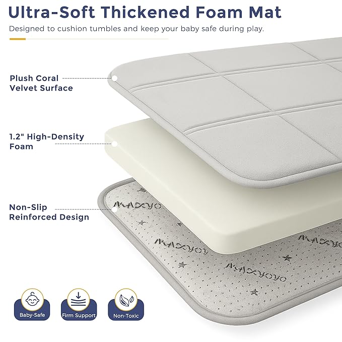 MAXYOYO 1.2" Thick Baby Play Mat for Floor, 49"x 49" Foldable Playpen Mat, Tummy Time Foam Mats Ultra Soft Support, Padded Carpet with Non-Slip Backing for Infant,Kids and Toddler Crawling, Grey