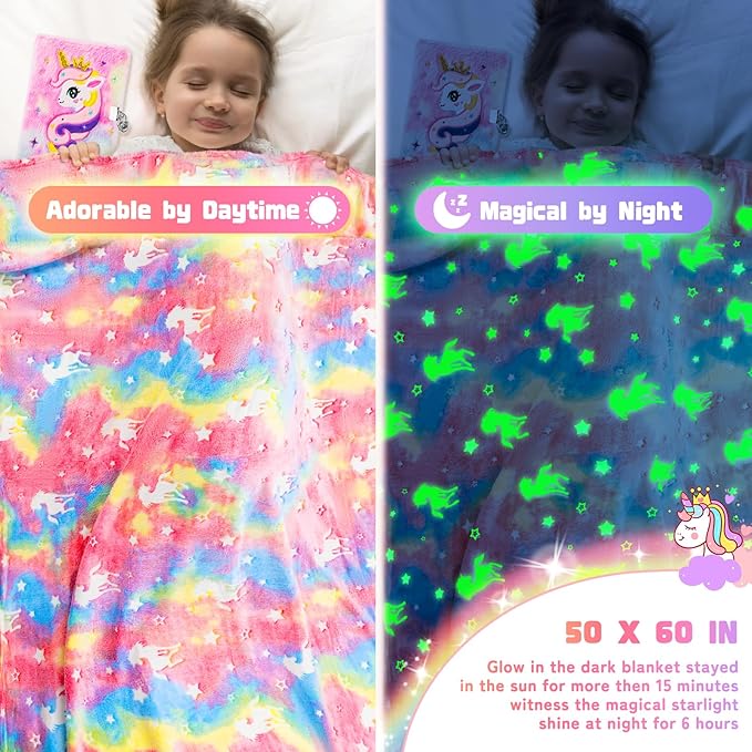 13PCS Unicorns Gifts for Girls Kids Toys 3 4 5 6 7 8 9 10 Years Old with Stationery Plush Diary with Lock/Glowing Blanket/Eye Mask/Crossbody Bag Teen Girl Birthday Christmas Unicorn Toy