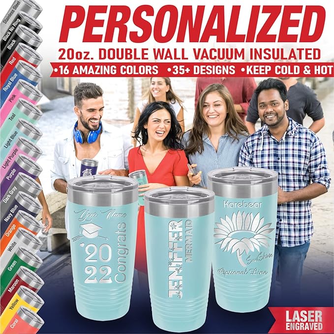 Personalized Tumbler, Custom Travel Coffee Mug, Laser Engraved Insulated Double Wall Stainless Steel Coffee Mug, Gift for Her, Closing Lid Included (Light Blue, 20oz)