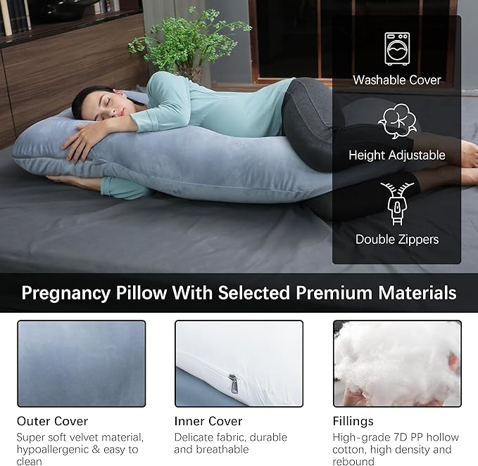 MOON PARK Pregnancy Pillows for Sleeping - U Shaped Full Body Maternity Pillow with Removable Cover - Support for Back, Legs, Belly, HIPS - 57 Inch Pregnancy Pillow for Women - Grey