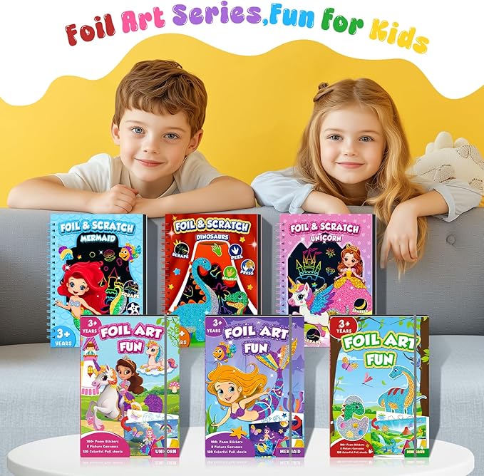 homicozy Art & Craft Activity for Kids: Foil Fun Unicorns and Princess & Scratch Art Book 2-in-1,No Mess Art Crafts for Girls,DIY Creative Activity Kit,Gifts for Girls Ages 4,5,6,7,8,9, Travel Toys