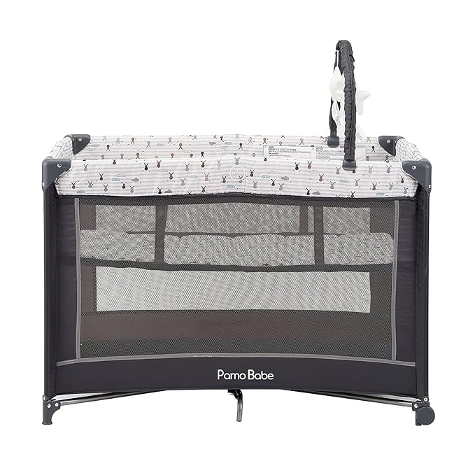 Pamo Babe Portable Playard,Sturdy Play Yard with Padded Mat and Toy bar with Soft Toys