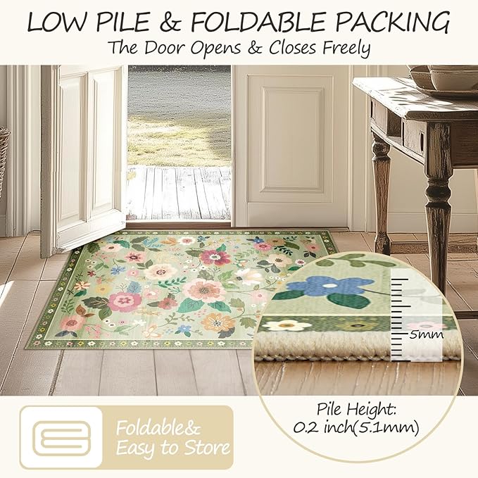 Floral 5x7 Area Rug Machine Washable Soft Print Boho Carpet Non Slip Doormat Low Pile Flower Area Rugs for Living Room Bedroom Nursery Kitchen Dining Room Indoor-Light Green